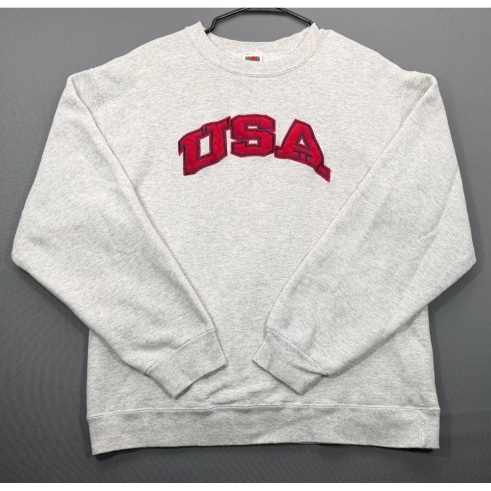 Vintage Fruit of the Loom Men's Large L Gray USA Spellout Crewneck Sweatshirt L - Picture 2 of 8